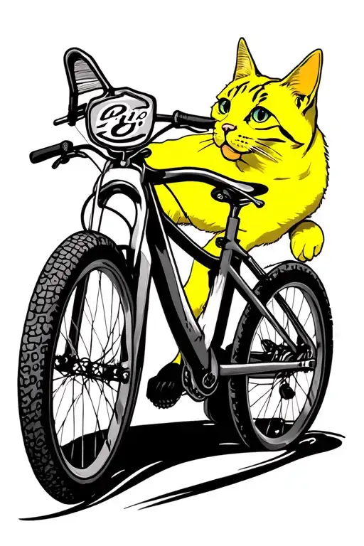 Made a black and white tattoo that contains the following items: an MTB -type bike, a yellow cat tattoo design idea