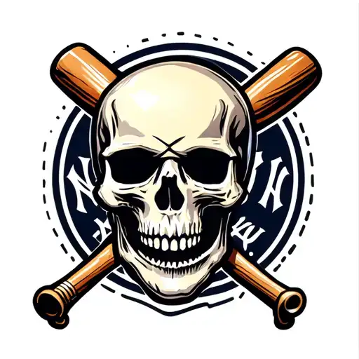 skulls, baseball bat, New York Yankees logo tattoo design idea