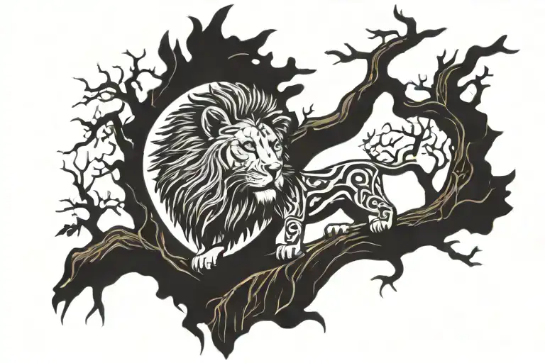 roaring tribal lion head in a baobab trunk tattoo tattoo design idea
