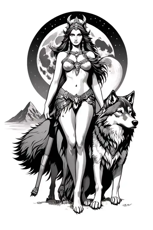sexy Artemis goddess standing with a wolf in front of a moon and mountains tattoo design idea