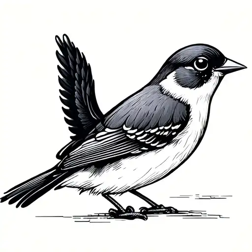 A small, simple bird drawn exactly like my sketch:thin, stretched neck, tiny triangle beak, one scribbly wing, NO eye,  tattoo design idea