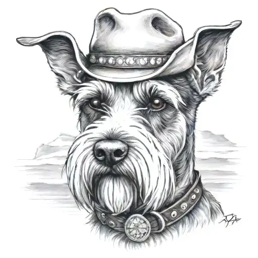 salt and pepper schnauzer with cowboy hat and brown eyes and a collar looking to the side with western background tattoo design idea