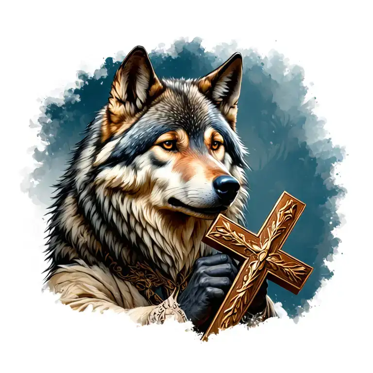 wolf holding a cross tattoo design idea