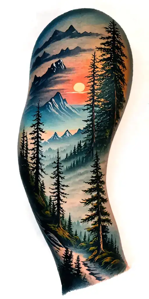 forest and mountain scene with sunset in colour tattoo tattoo design idea