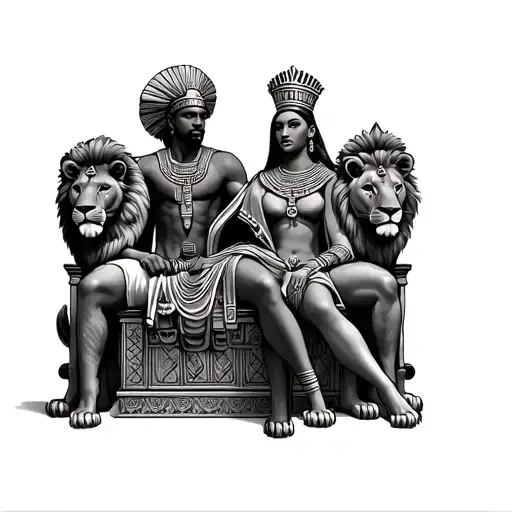 Nubian king and queen on a throne with lions  tattoo design idea