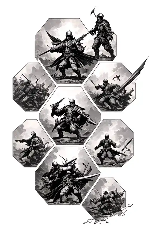 hexagons containing battle scenes incorporating elements tattoo design idea