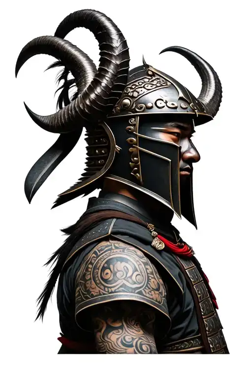 photo realistic ronin samurai warrior wearing a kabuto helmet with horns and wearing a mengu tattoo design idea