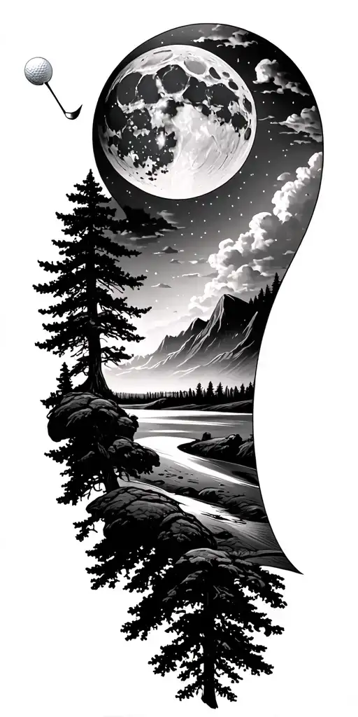 Time moon nature golf course family tattoo design idea