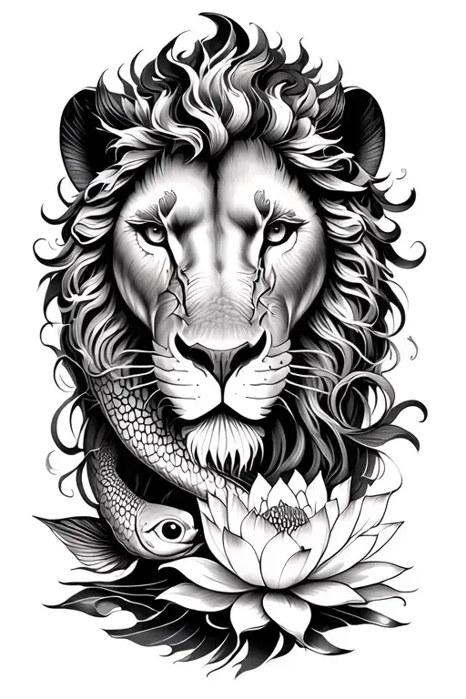 Vertical integration of a half-face lion, a koi fish, and a lotus flower. tattoo design idea