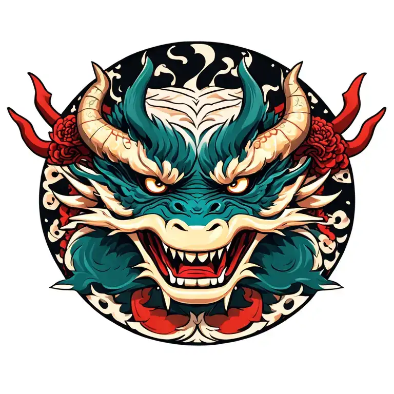 oni mask dragon and katana tattoo design idea