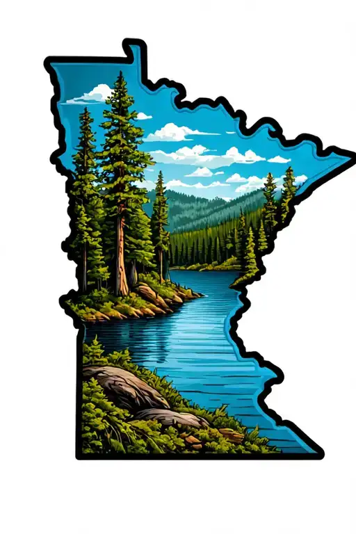state of Minnesota outline with wilderness lake scene tattoo design idea
