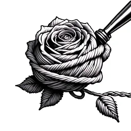 A ball of yarn with a single strand coming from the yarn to a crochet hook that acts as the stem of a rose tattoo design idea