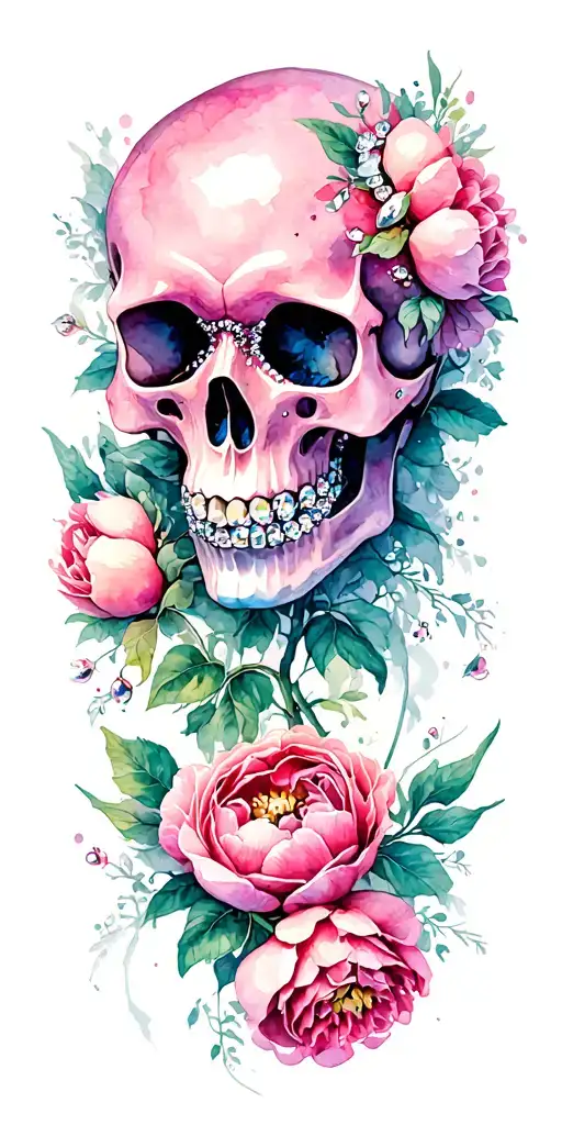 pink skull in rhinestones with peonies tattoo design idea