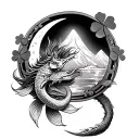 4 leaf clover koi fish and dragon horseshoe nature sun moon mountain  intertwined tattoo design idea