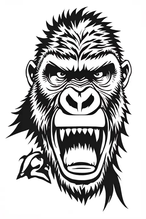face of raging gorilla with mouth wide open, staring in front. thin lines. tattoo design idea