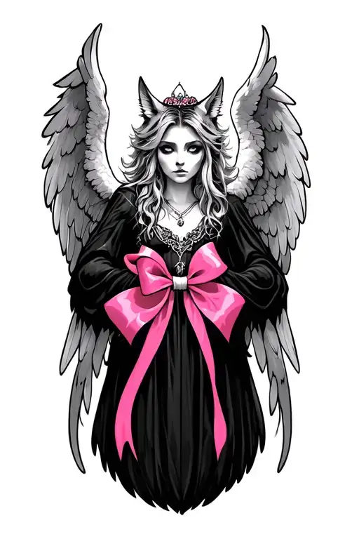 feral guardian angel with a pink ribbom tattoo design idea