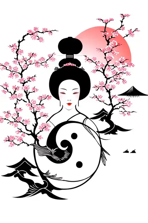 Geisha, sakura trees, three pagodas, koi fish ying yang, Mount Fuji and the sun tattoo design idea