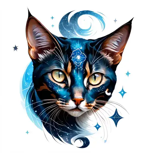 Celestial cat, taurus, constellation and dragon wrapped tattoo design idea