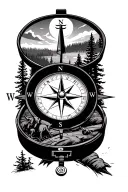 a compass featuring an outdoor hunting scene blended in to the main design tattoo design idea