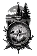 a compass featuring an outdoor hunting scene blended in to the main design tattoo design idea