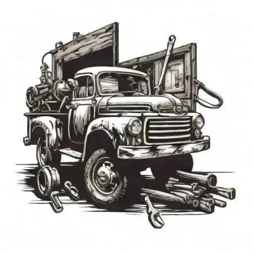 A tattoo of a vintage truck surrounded by various tools of the trade, representing your passion for remodeling carpenter tattoo design idea