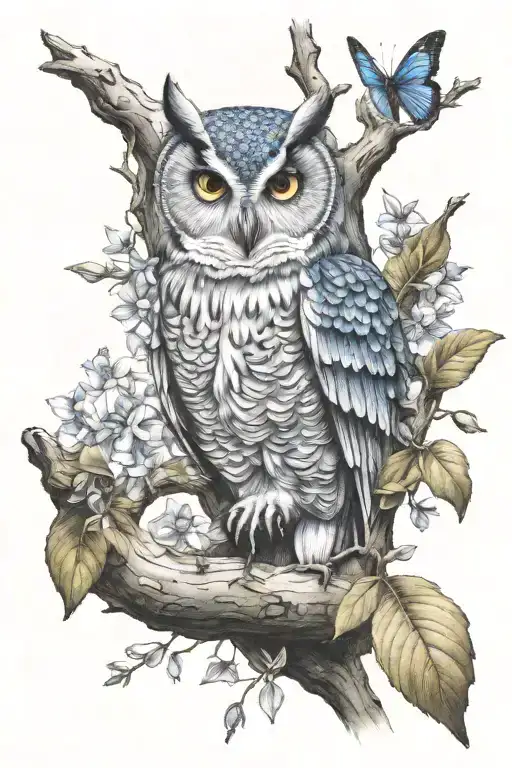 owl in a hollow, wjth bluebells, tree wrapped around arm to form a sleeve tattoo design idea