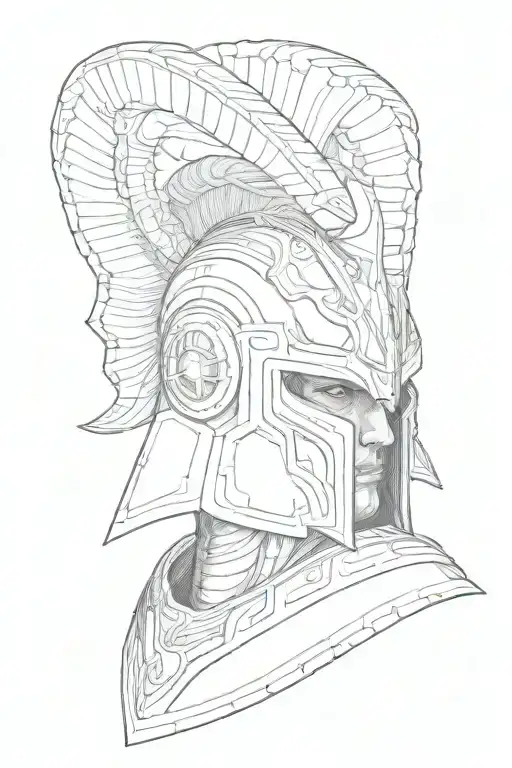 the geek god ares, rams horn helmet in a 3/4 view tattoo design idea