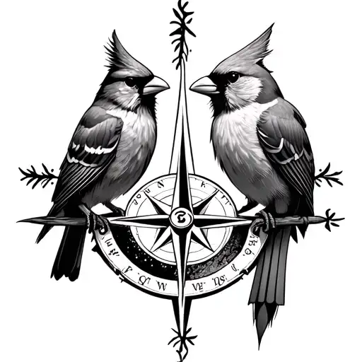 Cardinals, compass, moon tattoo design idea