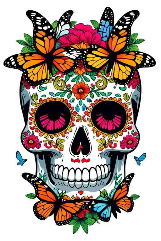 Mexican sugar skull surrounded with butterflies flying tattoo design idea