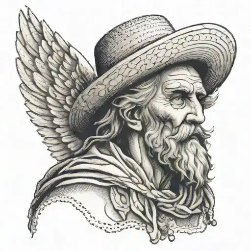 old but wise male angel with wings and wearing a peasant's straw hat tattoo design idea