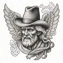 old but wise male angel with wings and wearing a peasant's straw hat tattoo design idea
