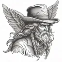 old but wise male angel with wings and wearing a peasant's straw hat tattoo design idea