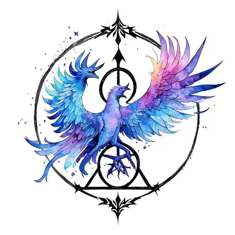 Firy Flying Phoenix and black deathly hallows symbol symmetrical on back tattoo design idea