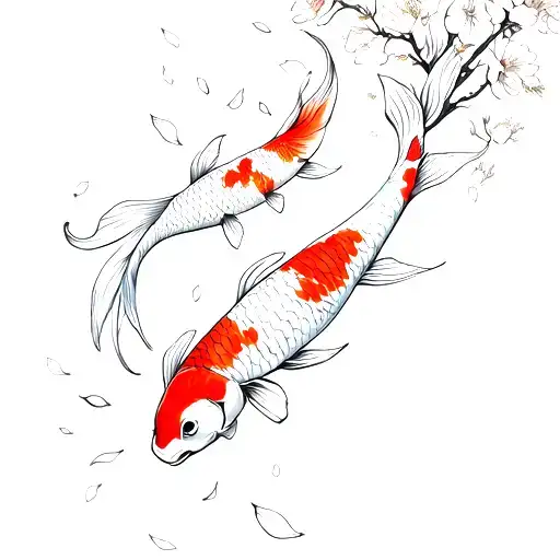 2 koi fish swimming with blossom petals falling tattoo design idea