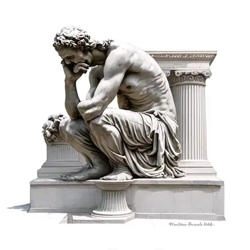 full minautore seated thinker position by Rodin, greek column, labyrinth greek architecture motif tattoo design idea