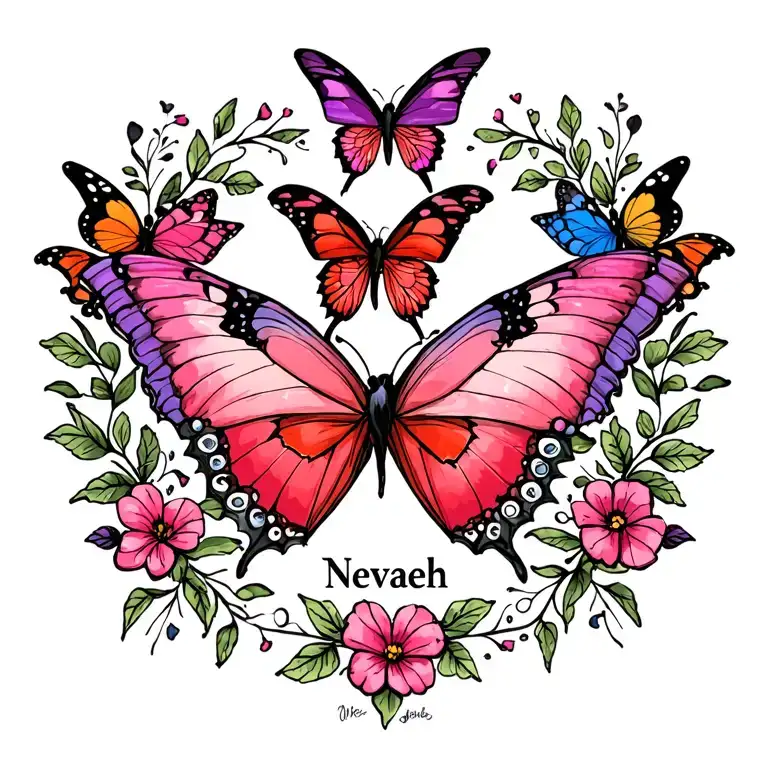 hearts and butterflies with the name Nevaeh tattoo design idea