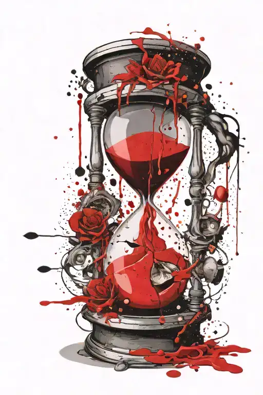 an hourglass that associates human life, the lower part is broken and the sand pours out and forms a smooth central trac tattoo design idea