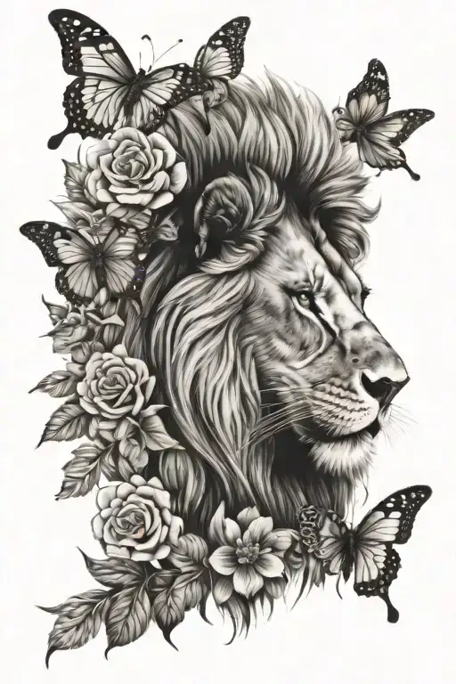 lion, butterflies, flowers tattoo design idea