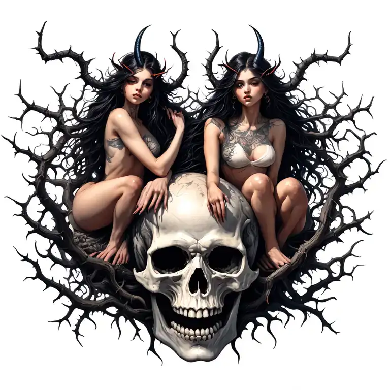 2 demon girls riding a ghost skull with thorny vines tattoo design idea