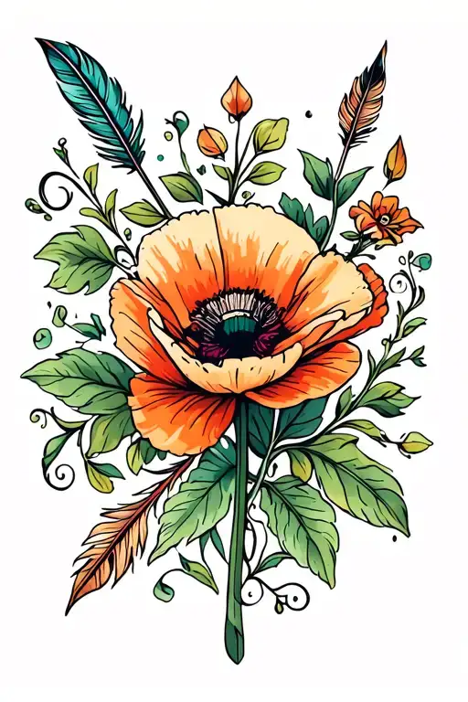 arrow, one small poppy flower, fall flowers, green leaves, vines swirling downwards, feathers in curve shape tattoo design idea