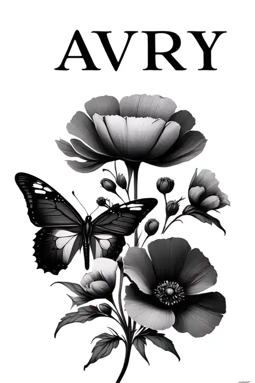 butterfly on poppy flower with name Avry minimalist abstract design inspired tattoo design idea