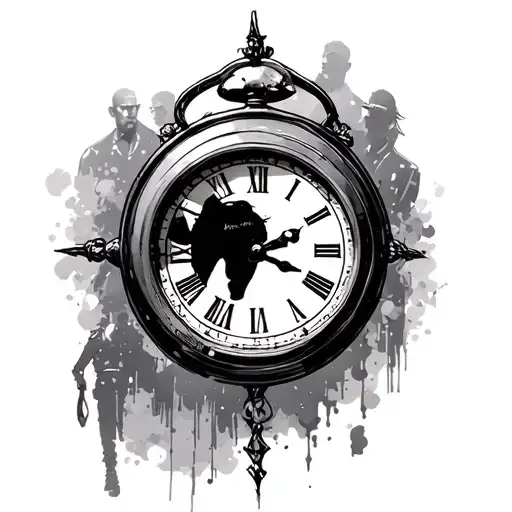 clock and men shushing in the background looking through lens tattoo design idea