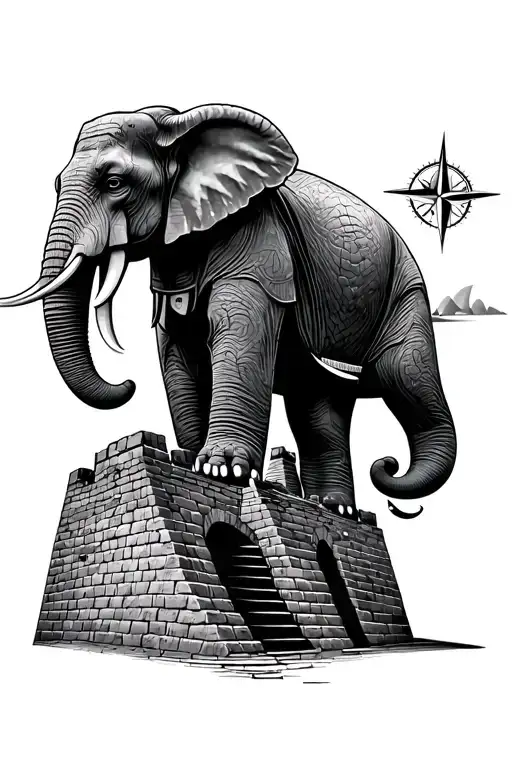 moai and elephant standing on great wall of China that leads to the Sydney opera house with compass in background tattoo design idea