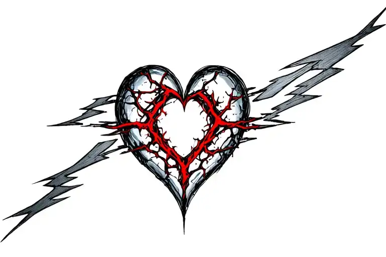 cybercigilism heart shape with lightning on the outside and a clear center with red and black veins inside it. tattoo design idea