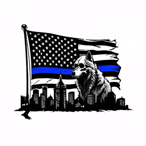 thin blue line flag, grim reaper, baltimore city skyline, wolf, cartridge casing w/scene placker, crime scene tape tattoo design idea