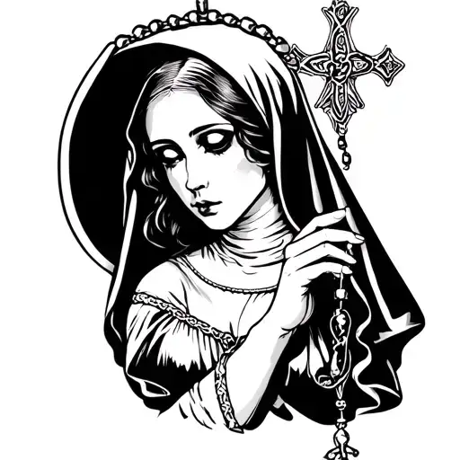 sexy nun holding a rosary tattoo design idea