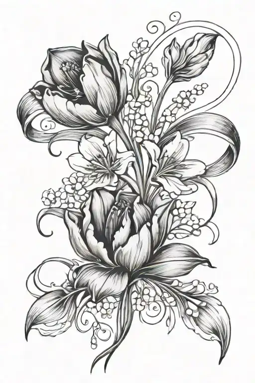tulip forget me nots purple ribbon fine line tattoo tattoo design idea