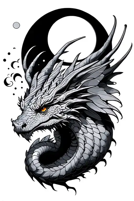 fantasy flying dragon with moon tattoo design idea