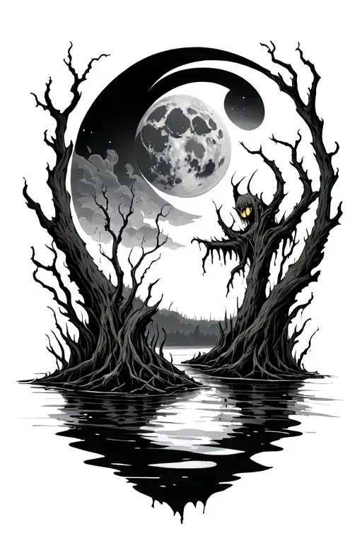 evil swamp with moon tattoo design idea
