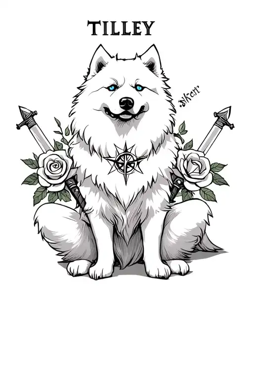 white samoyed blue eyed dog sitting cross legged pose, two swords, compass, roses, with the lettering "Tilley" tattoo design idea